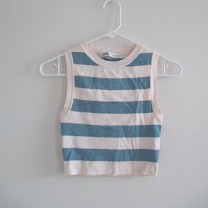 Zara Cropped Knit Top in Ecru/Blue